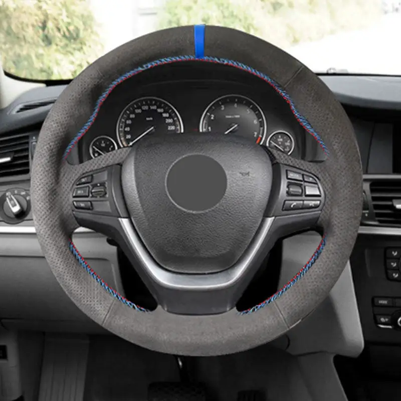 

For BMW X3 F25 2011-2016 X4 F26 2014-2016 X5 F15 2014-2018 Suede Leather blue bar Hand-stitched Car Steering Wheel Cover Trim