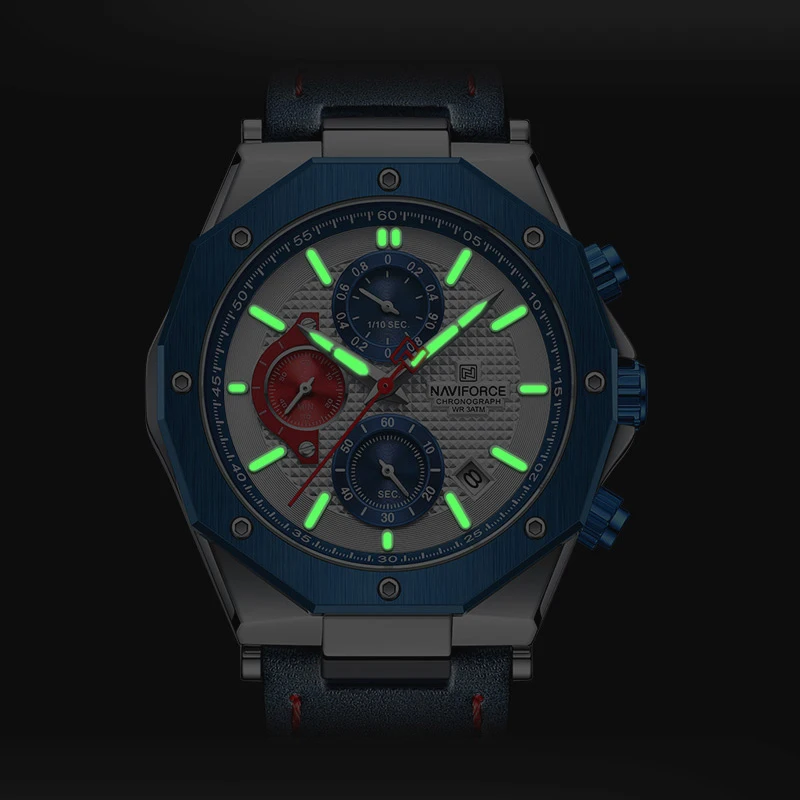 Luxo naviforce relógios para homens moda pulseira de couro militar à prova dmilitary água esporte cronógrafo relógio de pulso de quartzo com data