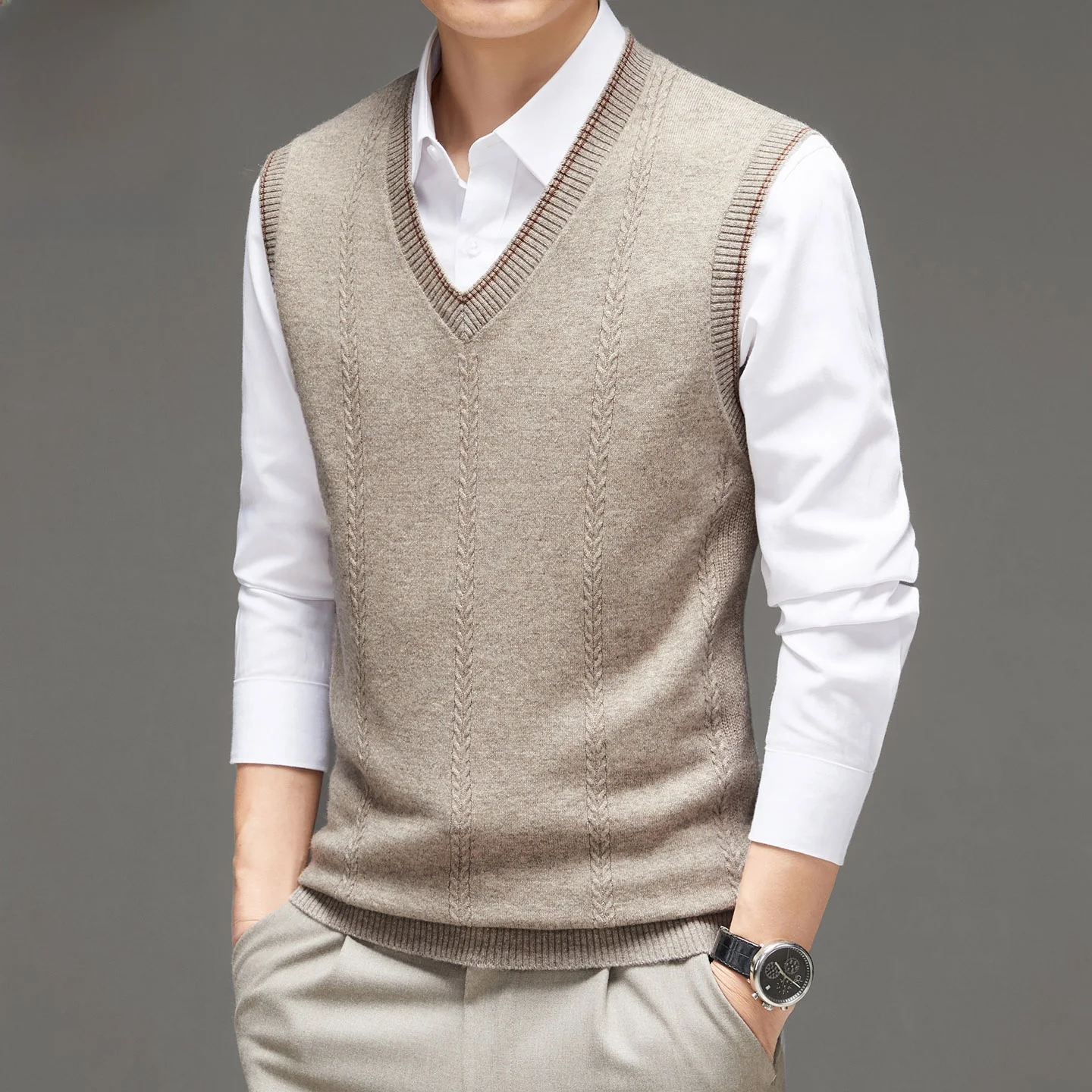 

00% Pure Wool V-Ne Men's Sweater Vest Warm Casual Busin Sle Soft Wool Fabric No-Sve Overhead Mid-Year New Arrival