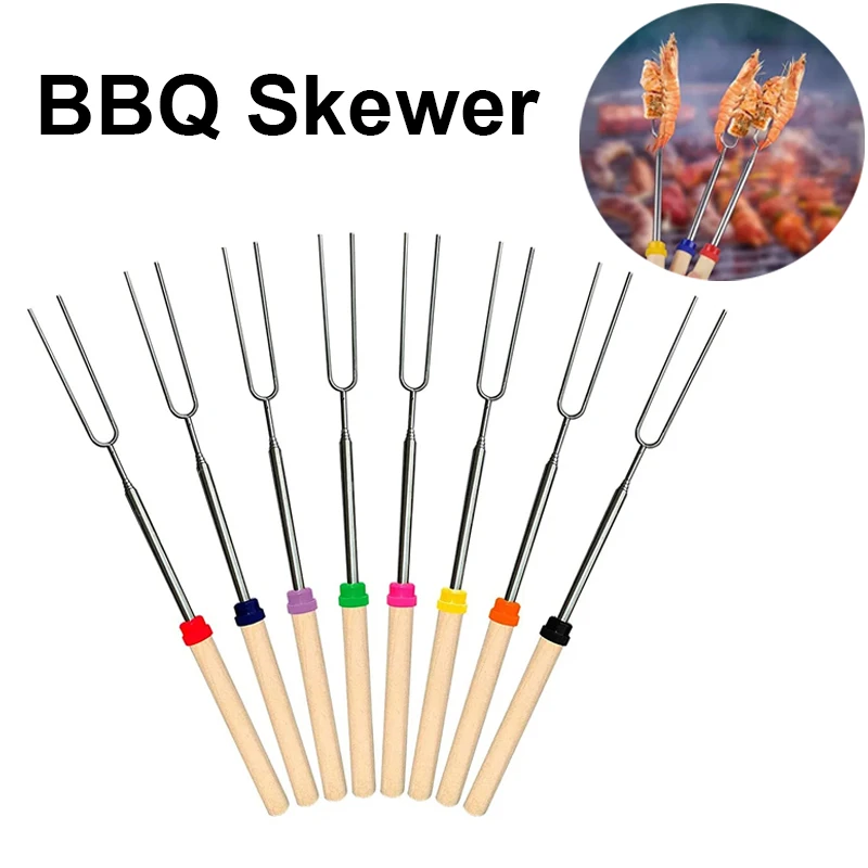 Barbecue Skewer Reusable Marshmallow Roast with Wooden Handle Retractable Outdoor Camping BBQ Tools Marshmallow Skewer Campfire