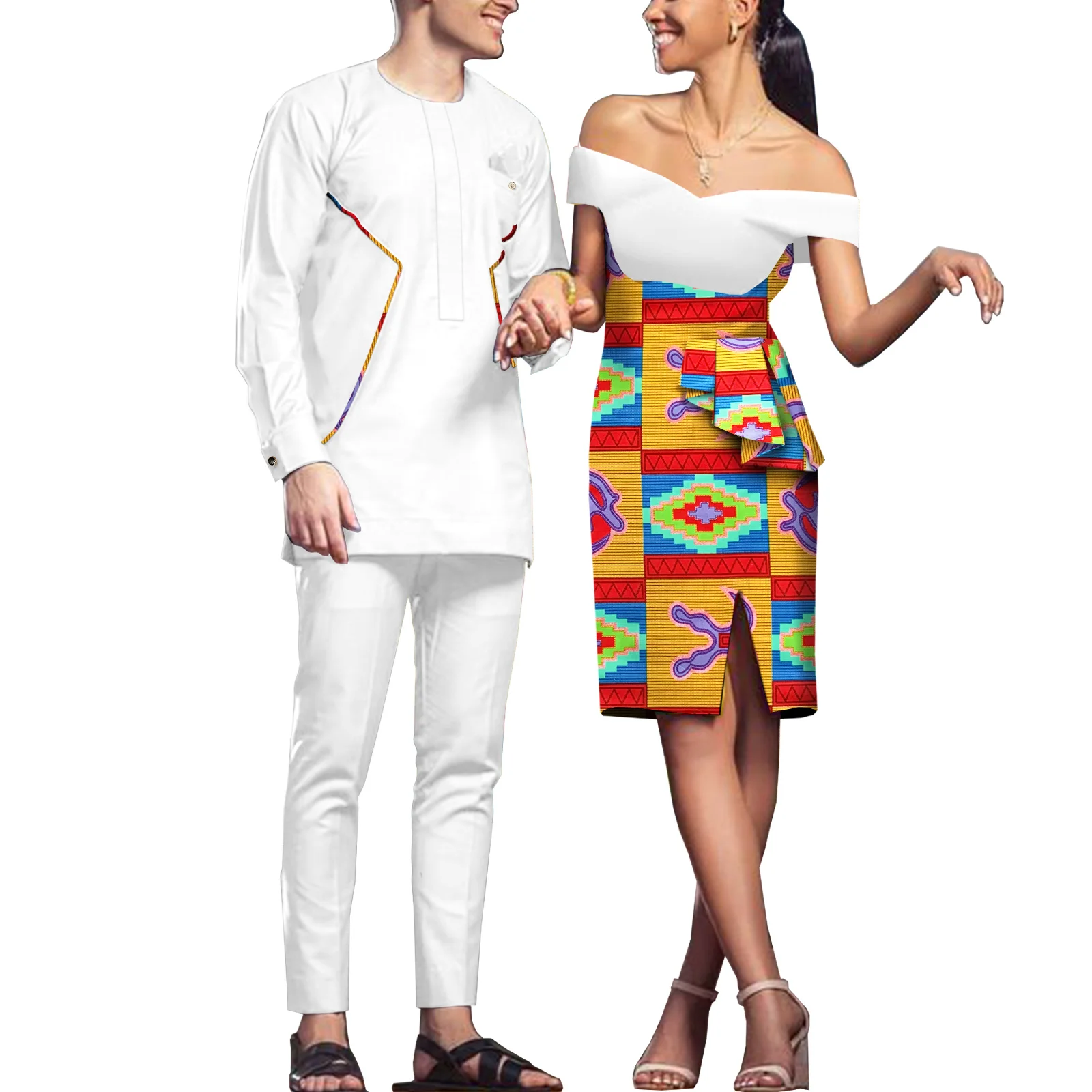 

African Couples Women Print Wax Cotton Fashion Patchwork Hot Dress& Men 2 Pieces Shirt and Pants Sets