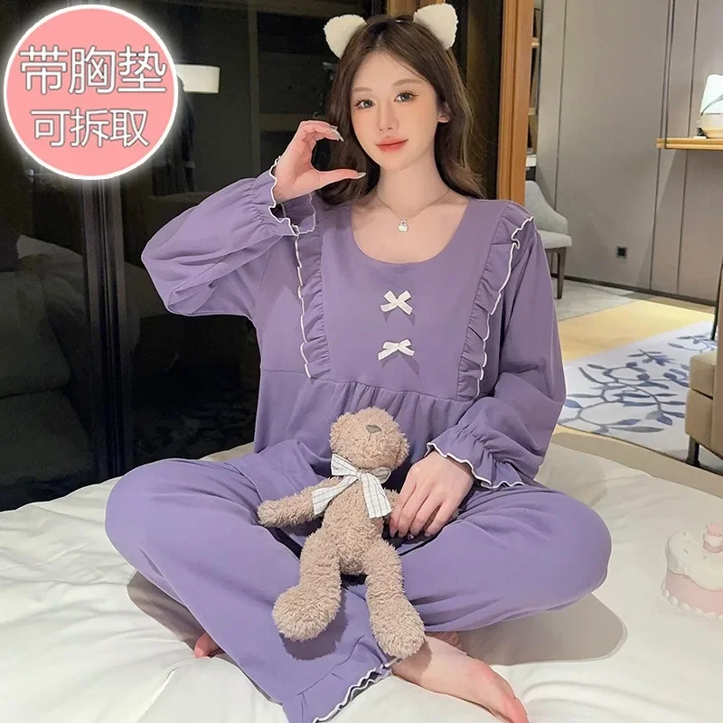 Plus Size Bow Sweet Velvet Pajamas set with Chest Pad Women Autumn Winter Solid Long Sleeve Loose Loungewear Home Clothes Outfit