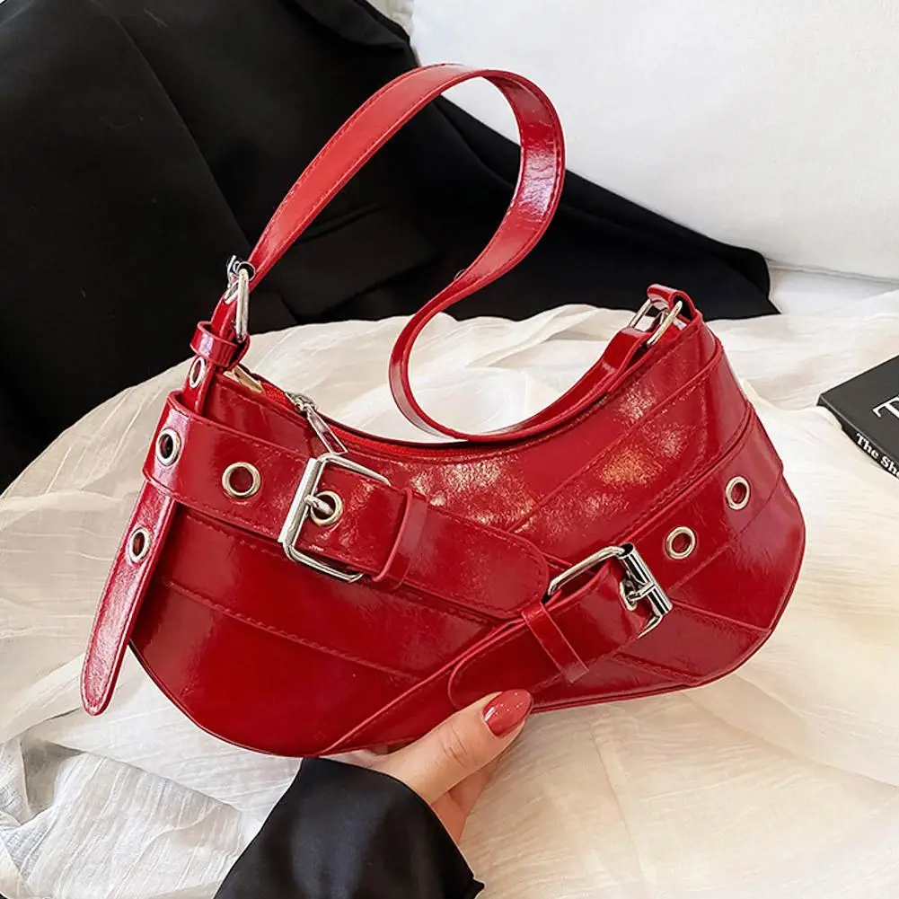 Minimalist Solid Color Hobo Bag Glossy Finish Embossed Letter Lightweight PU Zipper Underarm Bag for Daily Commute and Shopping