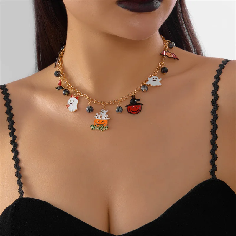 Halloween Necklace Women Enamel Pumpkin Black Cat Ghost Charm Spooky Funny Jewelry Holiday Party Cosplay Costume Accessory Gift