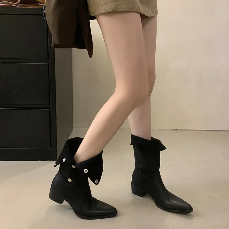 2025 New Fashion Pointed Toe  Ankle Boots Women Square Low Heels Buckle Strap Fold Short Booties Autumn Winter Shoes