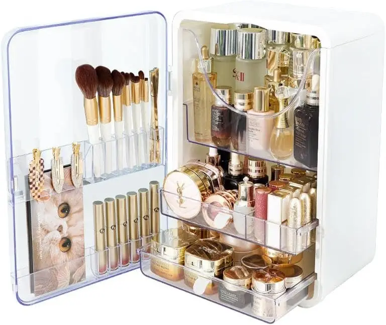 

Makeup Organizer with brush organizer for Vanity,Large plastic drawer storage,White bathroom organizers and storage with drawer