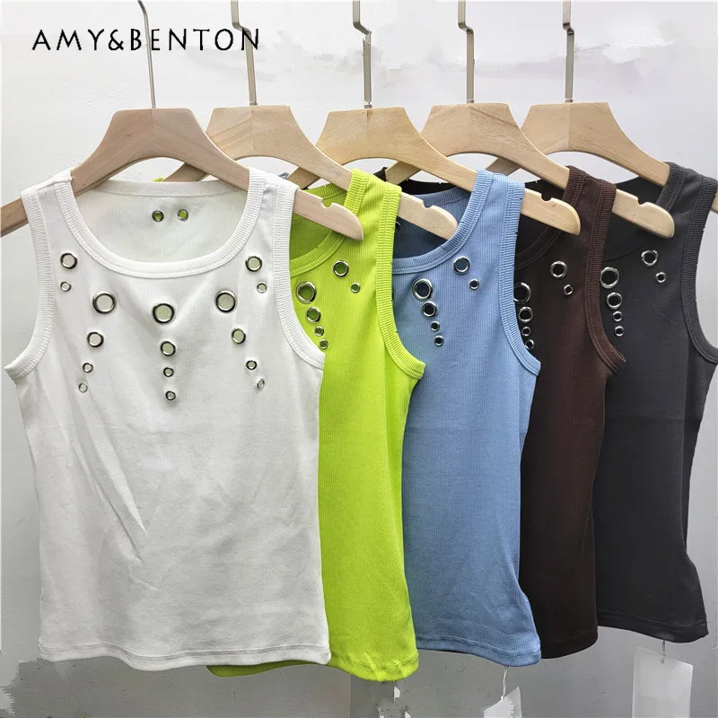 

American Style Tees For Women's Y2k Slings 2026 Summer Washed Vintage Sleeveless Outerwear Camisole Ribbed Slimming Tank Top