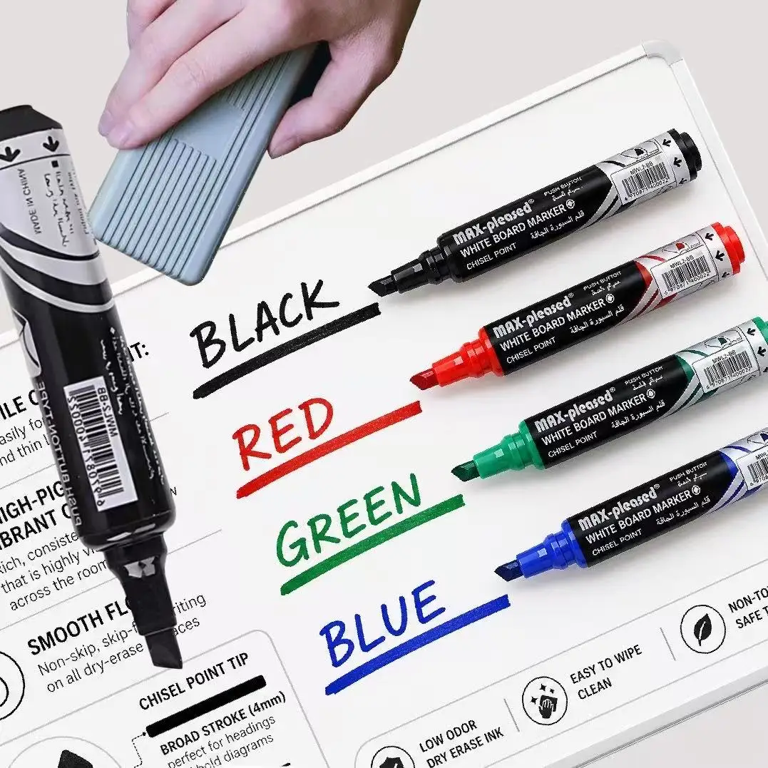 4/16pcs Push-Button Liquid Ink Whiteboard Markers - Vibrant Quick-Drying Chisel Tip Pens for Office & School Stationery