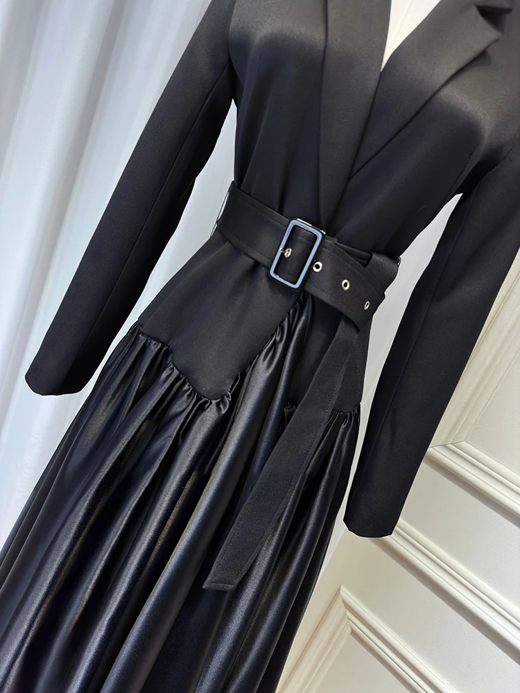DEAT 2024 Autumn Women\'s Dress Notched Long Sleeve Belt Waist Satin Pleated Patchwork Split Female Dresses New Fashion 15C600