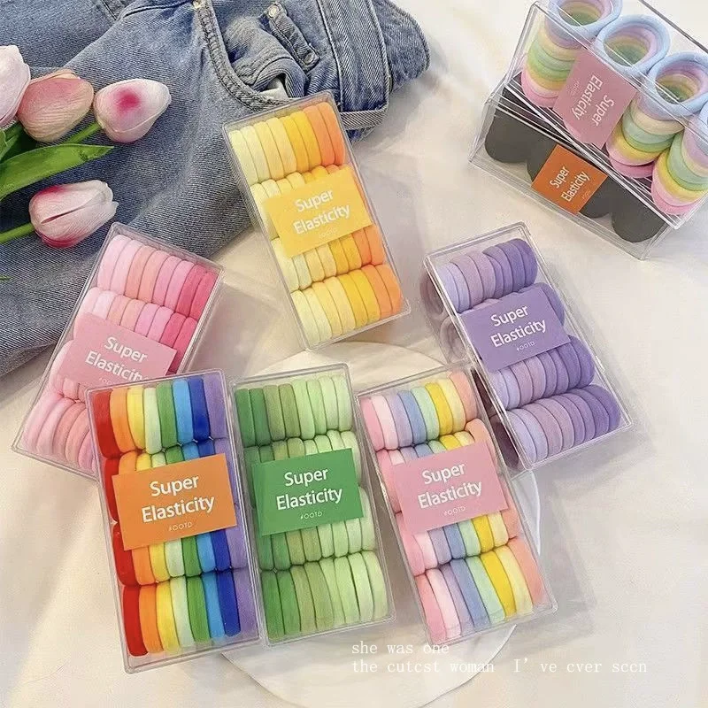 รุ่นใหม่ 32 ชิ้นความยืดหยุ่นสูงผ้าขนหนูสีห่วงผมห่วงป่าที่เรียบง่ายสไตล์ผมผูกยางรัดกล่องอุปกรณ์เสริม