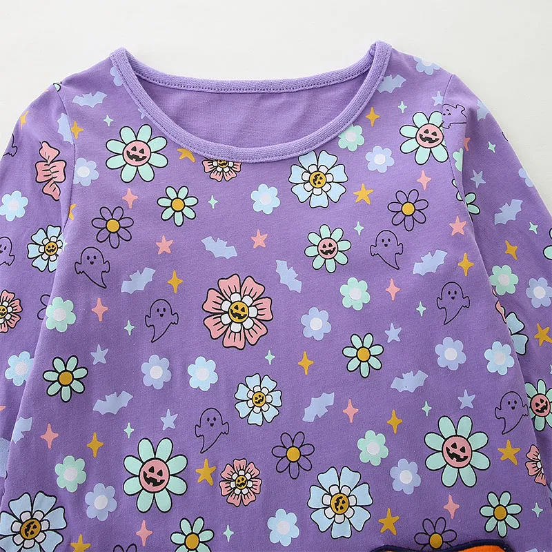 TUONXYE Baby Girl Halloween Cotton Dress Long Sleeve Purple Floral Ghost Toddler Dress Pumpkin Patches Casual Party Outfit