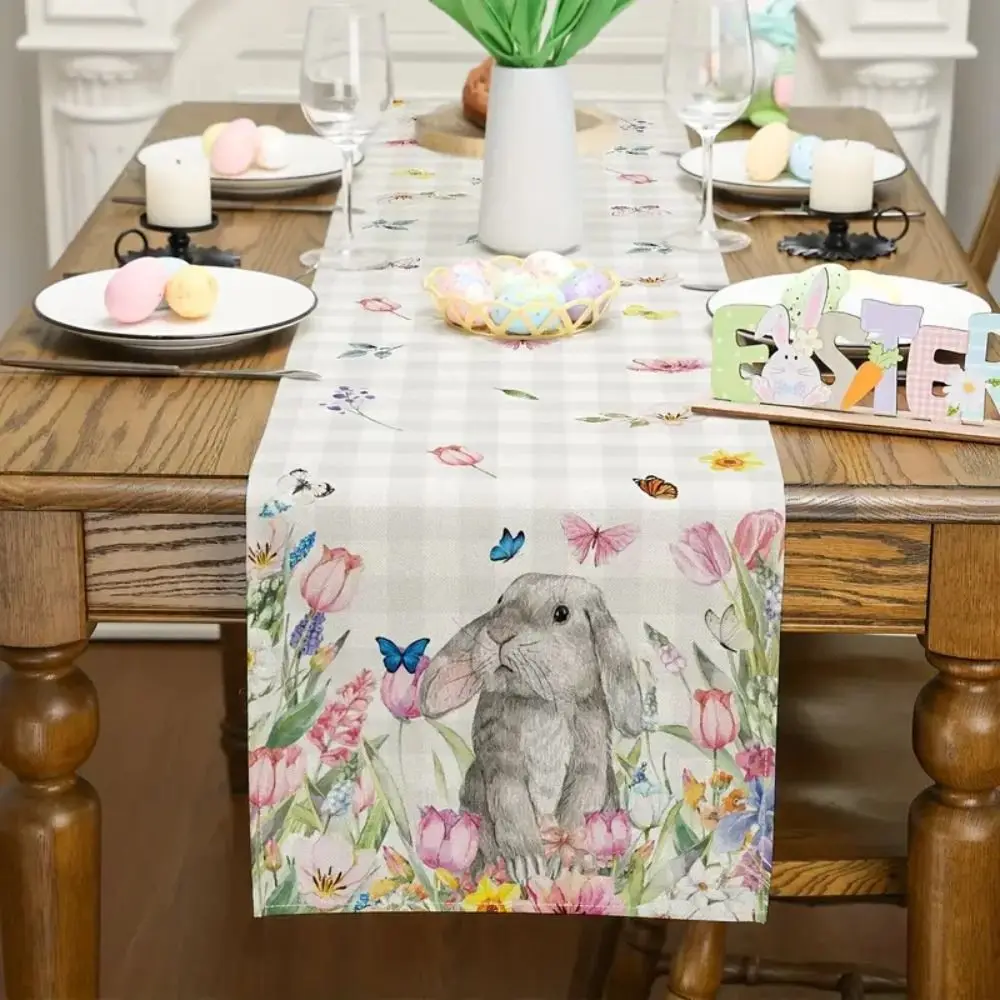 Light Luxury Easter Rabbit Table Runner Vintage Oil Proof Nordic Style Table Cover Wash Free Linen Bunny Table Cloth Party