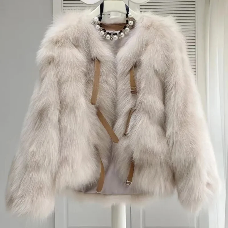 Korean Elegant Faux Fur Jacket Women Fall Winter Thick Warm Coat Long Sleeve Casual O Neck Office Lady Cropped Outwear