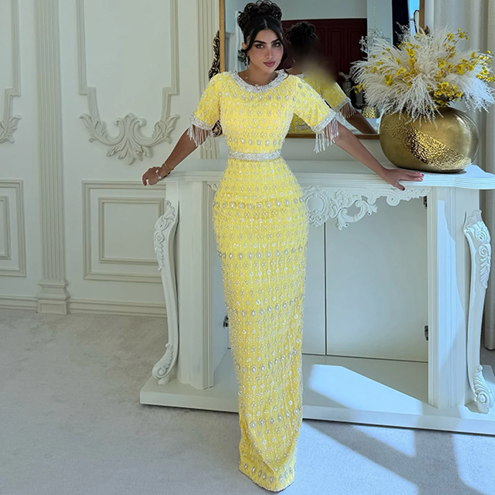 Elegant O-Neck Jersey Evening Dress Formal Long Sleeves Prom Dresses Simple Sashes Strapless Customized Special Occasion Gowns