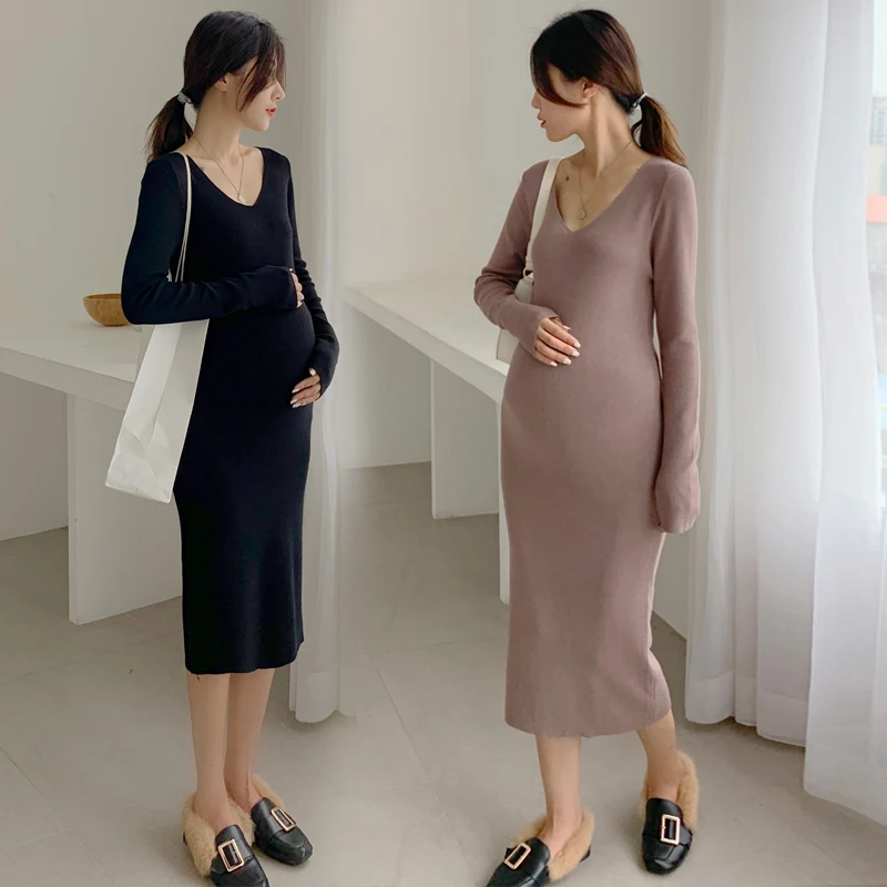 

Maternity Women KnittedDresses Pregnancy Clothes Long Sleeve Solid V Neck Pregnant Dress Slim Fit Maternity Clothes 2colours