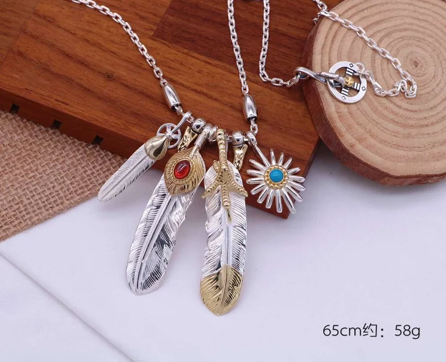 Japanese and Korean trendy S925 sterling silver feather necklace pendant Indian trendy popular versatile T-shirt sweater chain