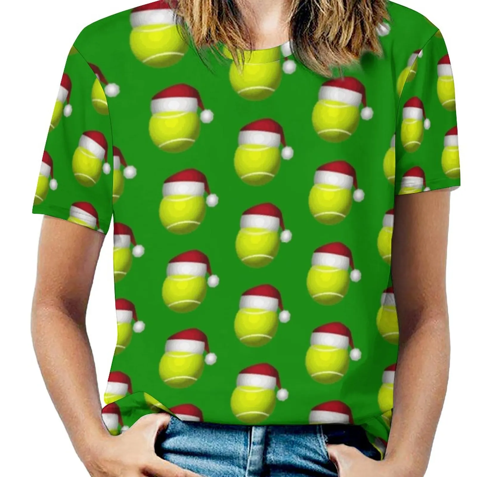 Christmas Tennis Ball Fashion Print Women Ladies Girls T-Shirt Harajuku Round Neck Short Sleeve Tops & Tees Tennis Tennis Ball