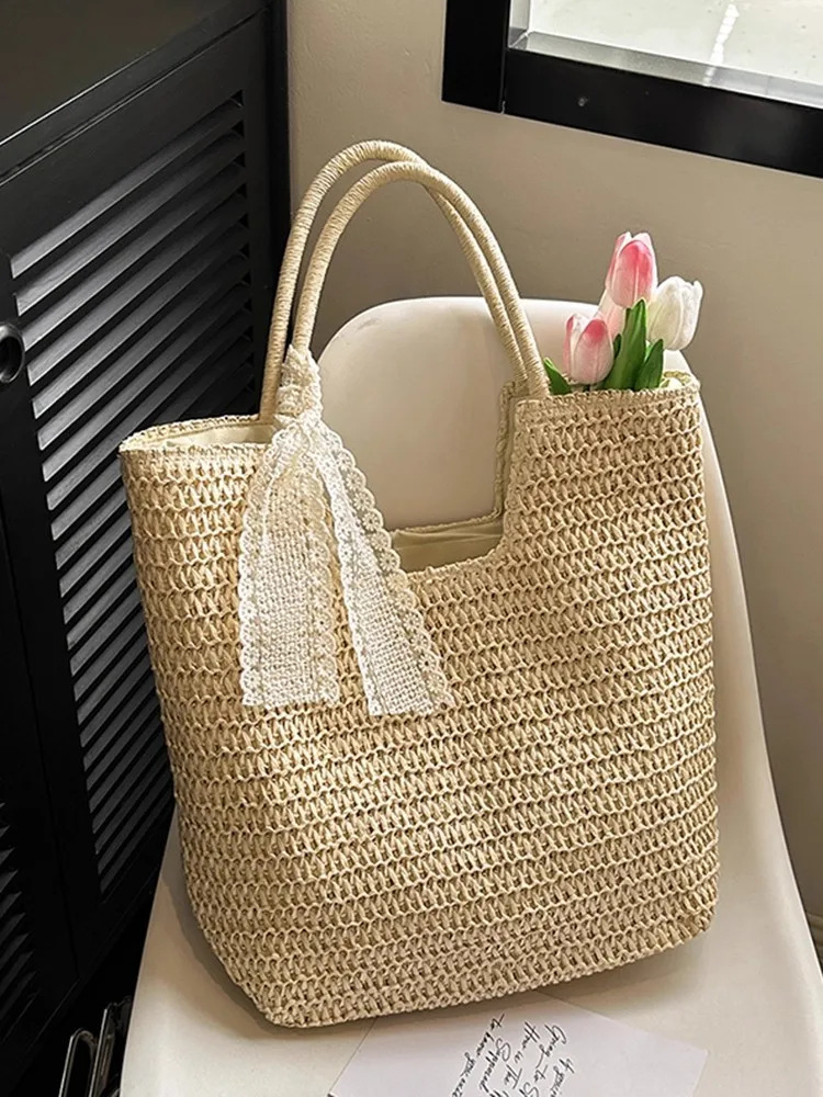 

Large Capaci St Woven Handbag Women's Spring Summer 2025 Versatile Single oulder Beach Vaion Handbag Casual Simple ...