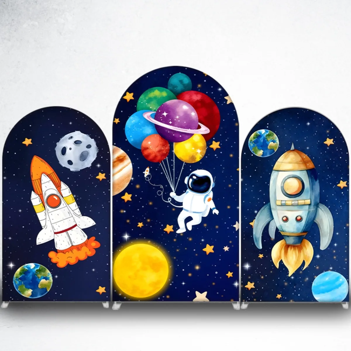 Mocsicka Outer Space Arch Cover Backdrop Astronaut Rocket Planets Starry Sky Chiara Wall Background Kids Birthday Party Photo