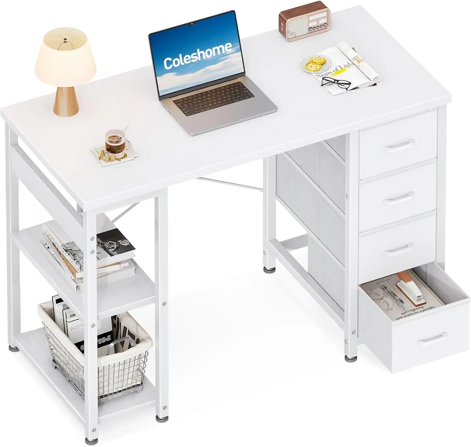 Coleshome Scrivania piccola con 4 cassetti, scrivania 100x40 cm con spazio contenitore, tavolo per computer reversibile con ripiani bianco