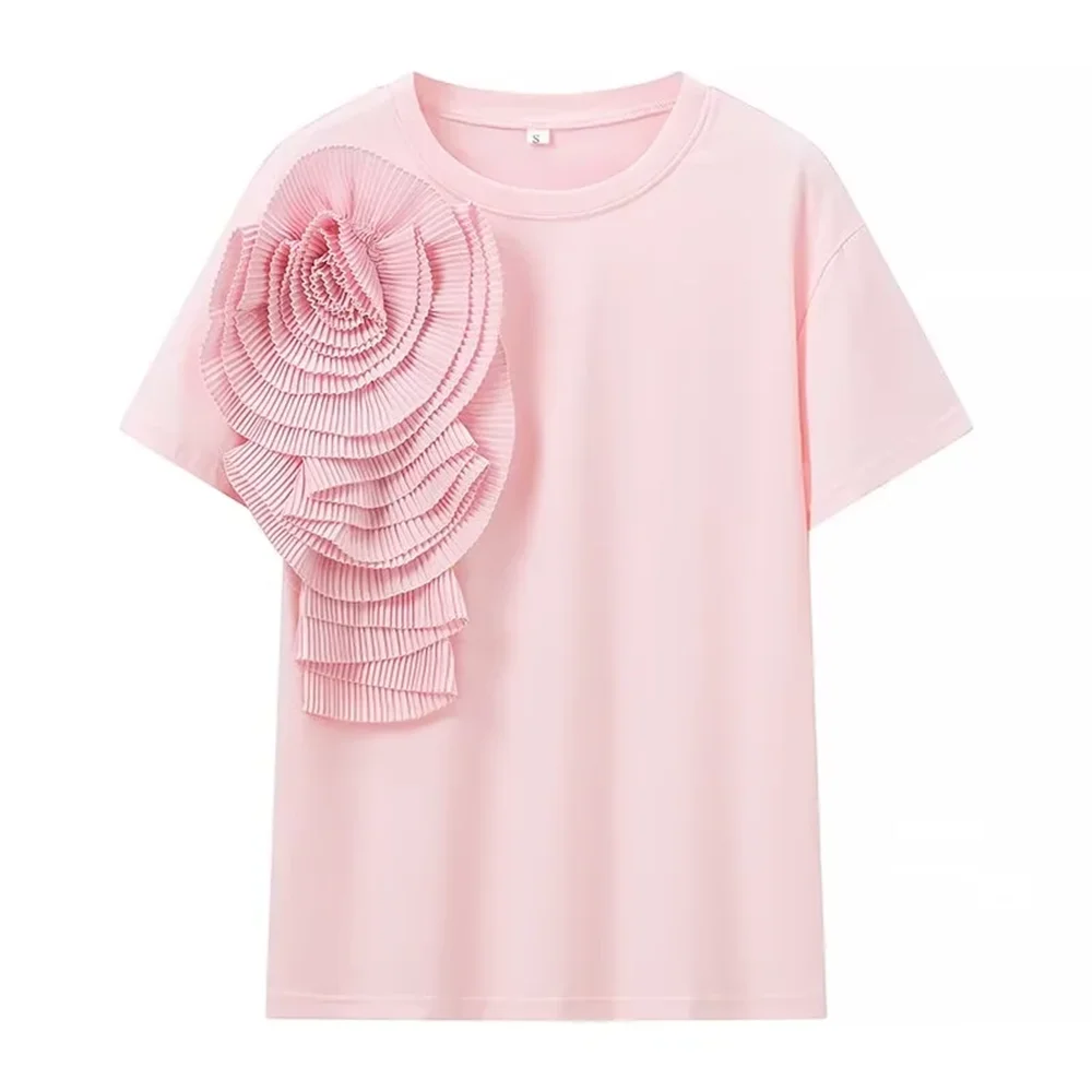 PB&ZA 2024 Spring New Women\'s Fashion Style Loose and Versatile 3D Flower Solid Short sleeved T-shirt