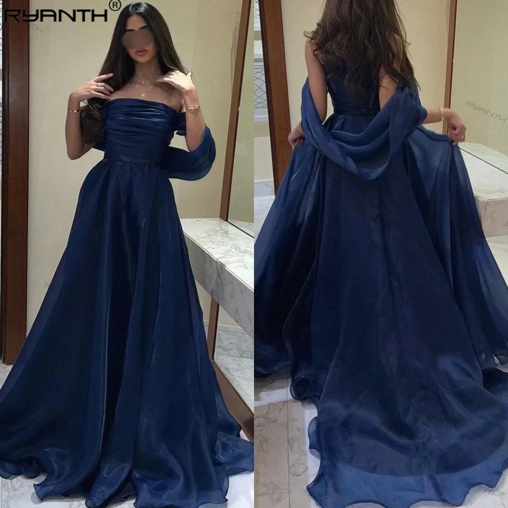 Ryanth Off Shoulder Prom Dresses for Women Navy Blue Celebrity Party Dress Tulle A-Line Evening Dress Strapless Maxi Dress