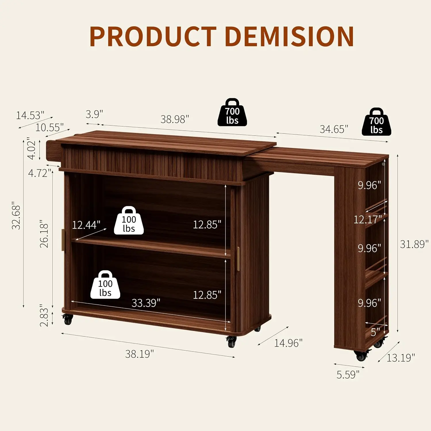 Kitchen Island Cart with Extendable Table & Sliding Door, Walnut, Customized