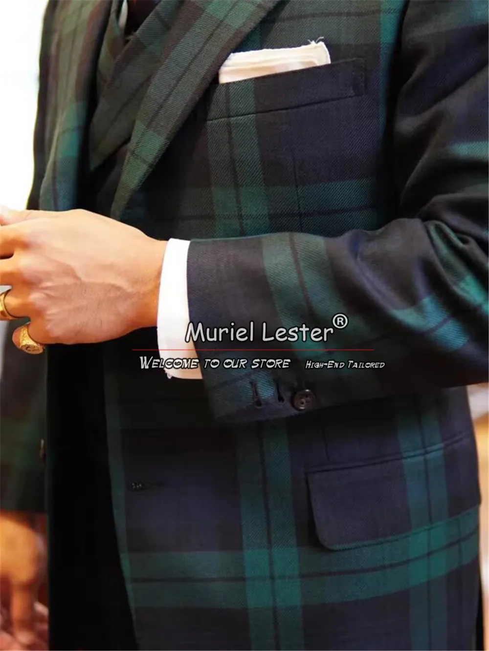 England Style Business Men\'s Suits Green Blue Plaid Check 3 Pieces Formal Man Party Prom Blazer Groomsman Wedding Tuxedo Bespoke