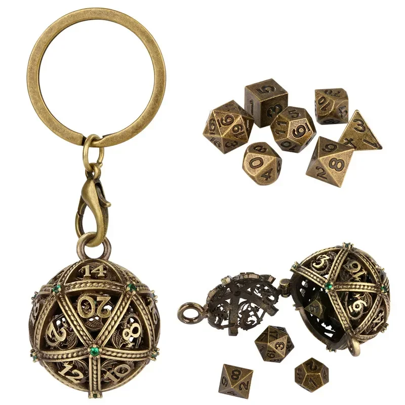 Picture 4: Antique Round D20 Case Pendant Key Ring 7pcs Mini Polyhedral Dice Set Role Play Gaming Dices Storage Case Necklace Chain Gift