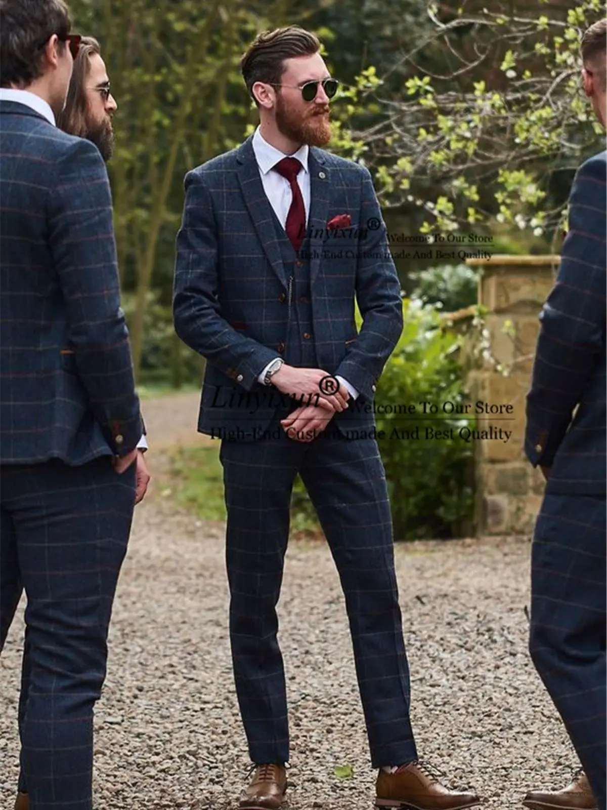 

Fashion Check Plaid Navy Blue Men Suits Slim Fit Notched Lapel 2Pieces Groom Wedding Tuxedo Male Blazer Prom Party Costume Homme