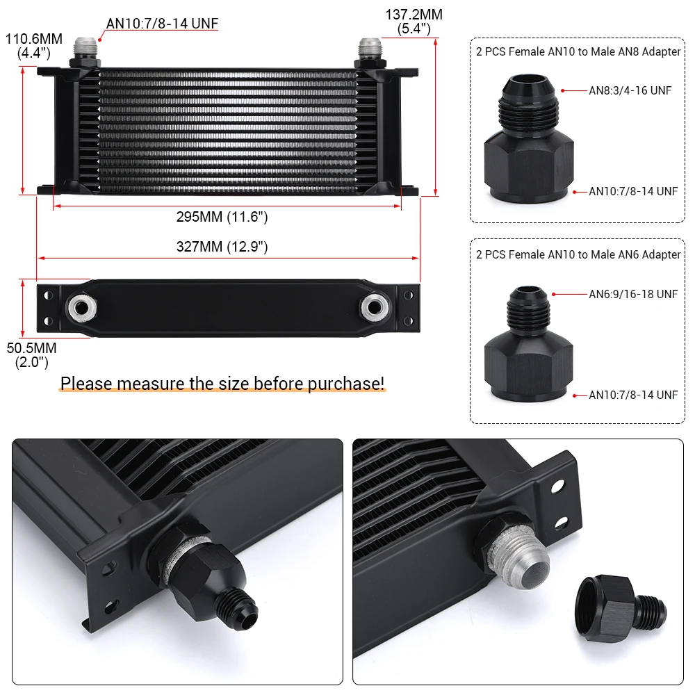 WLR - Aluminum Universal Engine transmission AN10 Oil Cooler 15rows Black With AN10 to AN6 Fitting Adapter