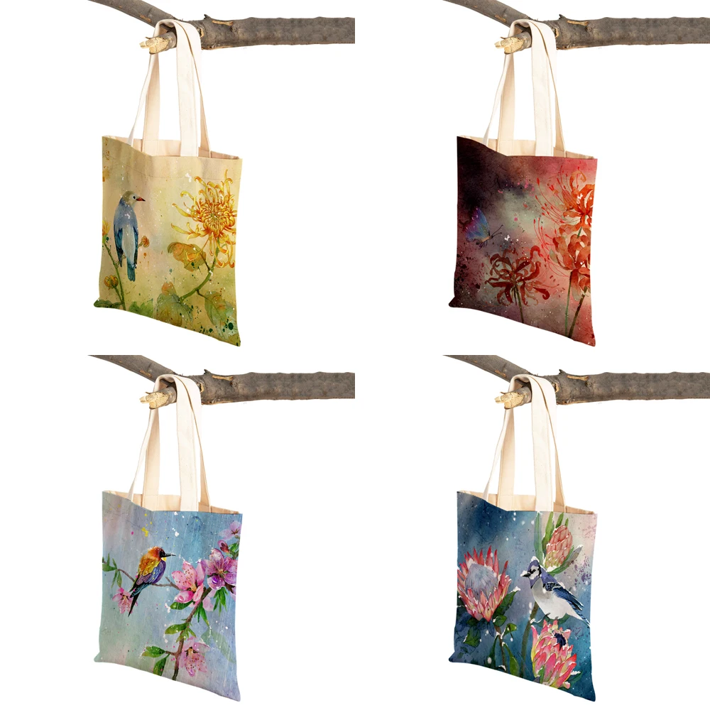 Entrambi i lati acquerello Cartoon Animal Art bambini Tote Handbag per ragazza Casual Canvas Bird Women Shopping borsa a tracolla