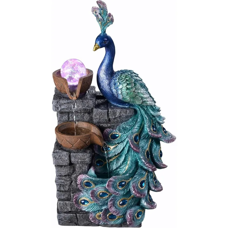 

Water Fountain Decor, Peacock with LED Glass Color Changing Globe,Relaxation Decorative Desktop Water Zen Fountain for