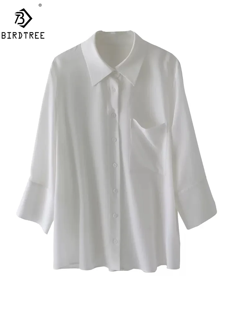 

BirdTree, 100%Real Silk Elegant Shirts, Women 3/4 Sleeve Solid Color, Commute Sweet Simple Blouses, 2024 Summer New T45704QM