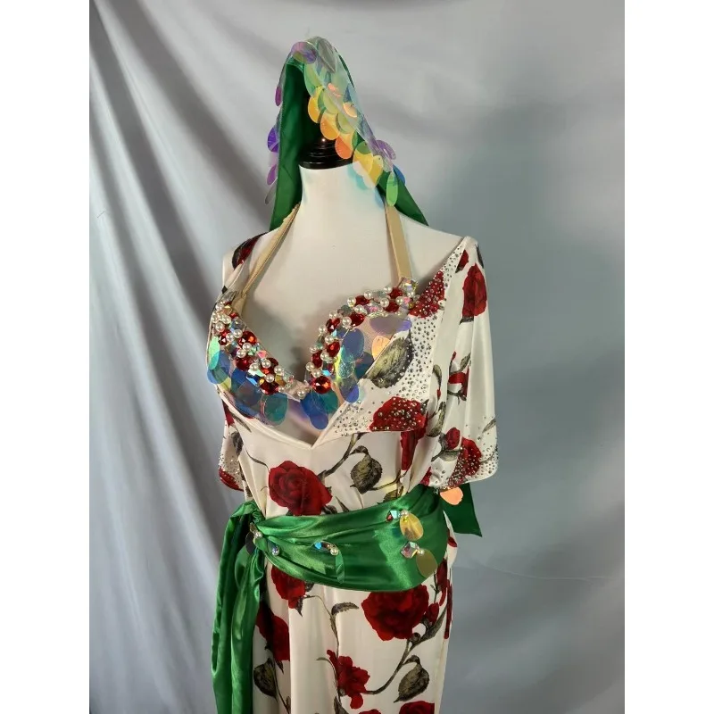 Abito da spettacolo personalizzato con vestaglia di danza del ventre Baladi Saidi Rose stampato costumi di danza orientale abito lungo