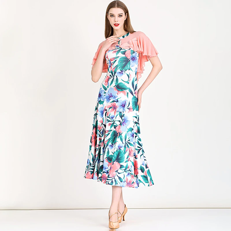 Practice Dance Dress dark green Dress pink Waltz Crewneck Short Sleeve Printed Flamenco Stage Costume