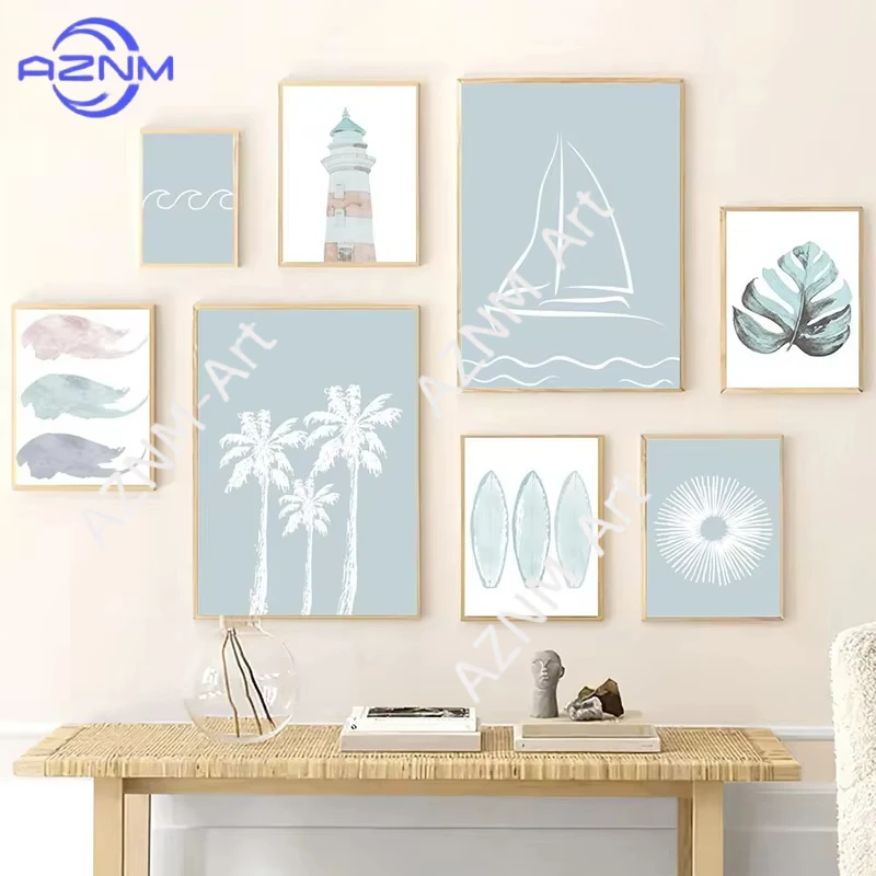 1PC ，Blue White Lighthouse Sailboat Palm Tree Surfboard Poster Prints Canvas Printing Minimalism Wall Art Picture for Room Home