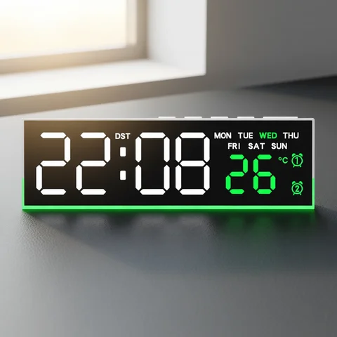 USB Powered Digital Alarm Clock with Mood Light TEMP  Date Week 2 Alarms Auto Dimmable Snooze Table Clock 12/24H DST LED Clock