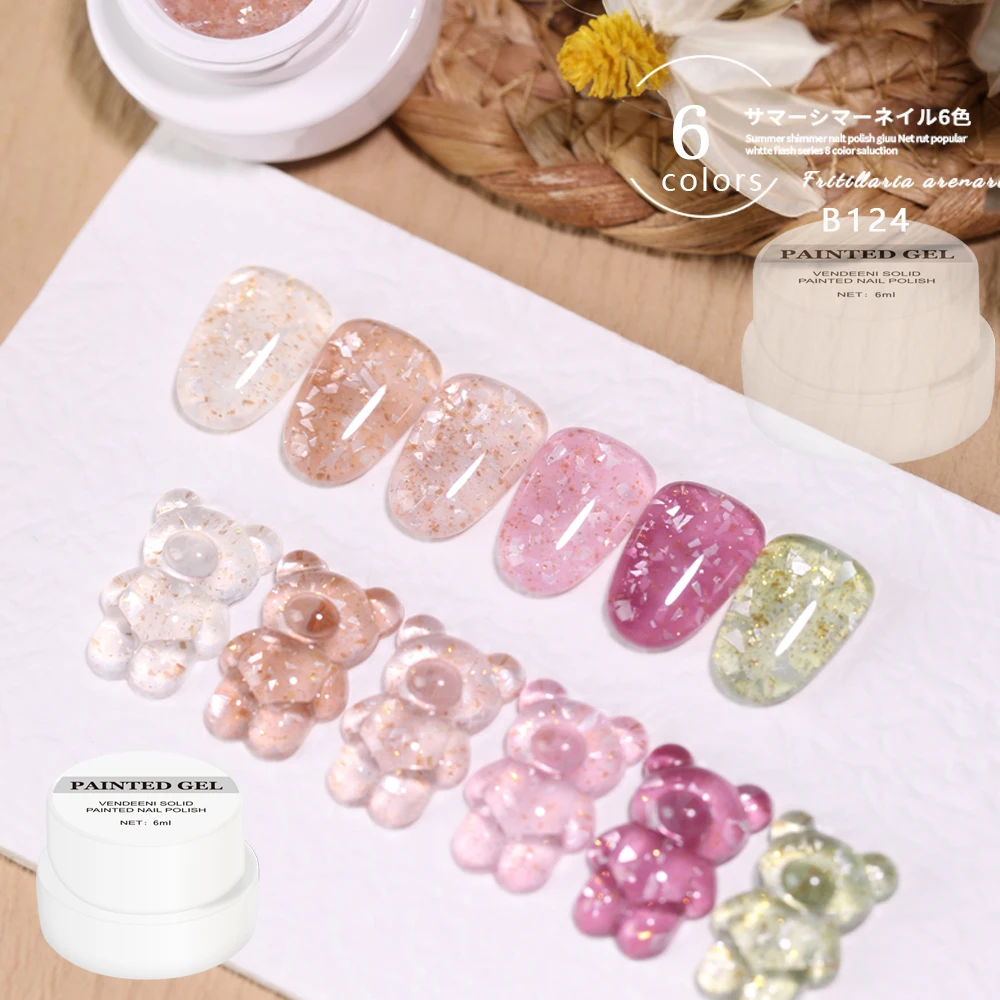 Vendeeni 6 Colors/set Rock Pearl Shell Gel Nail Polish Soak Off UV LED Shiny Glitter Pearl Gel Manicure Gel Varnish 6ml