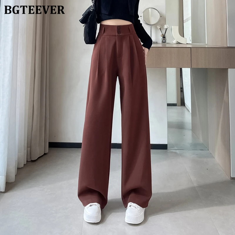 

BGTEEVER High Waist Double Button Female Woolen Long Pants Autumn Winter Loose Thick Warm Wide Leg Trousers for Women