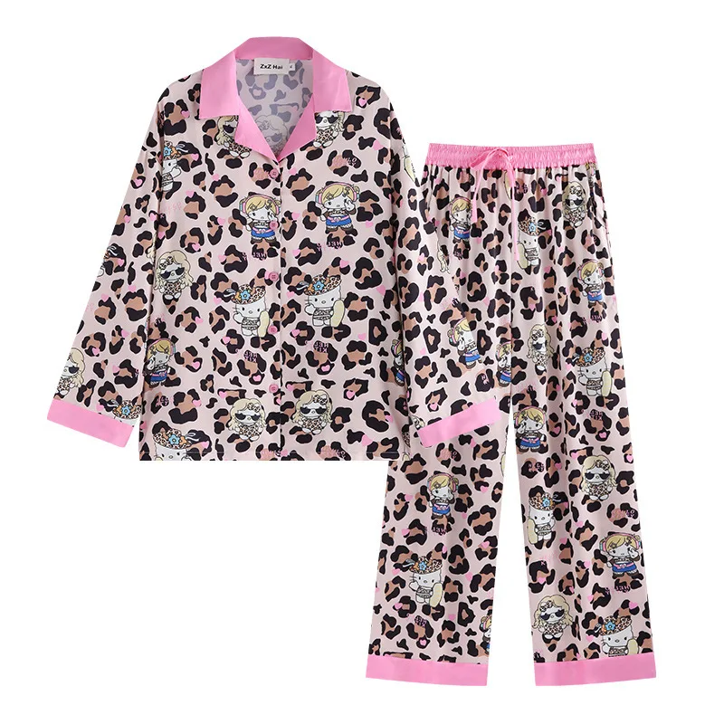 Hello Kitty Leopard Print Cartoon Pajamas Set Women Spring Long Sleeve Top Shirt Pants Trendy Sleepwear Loose Casual Home Suit