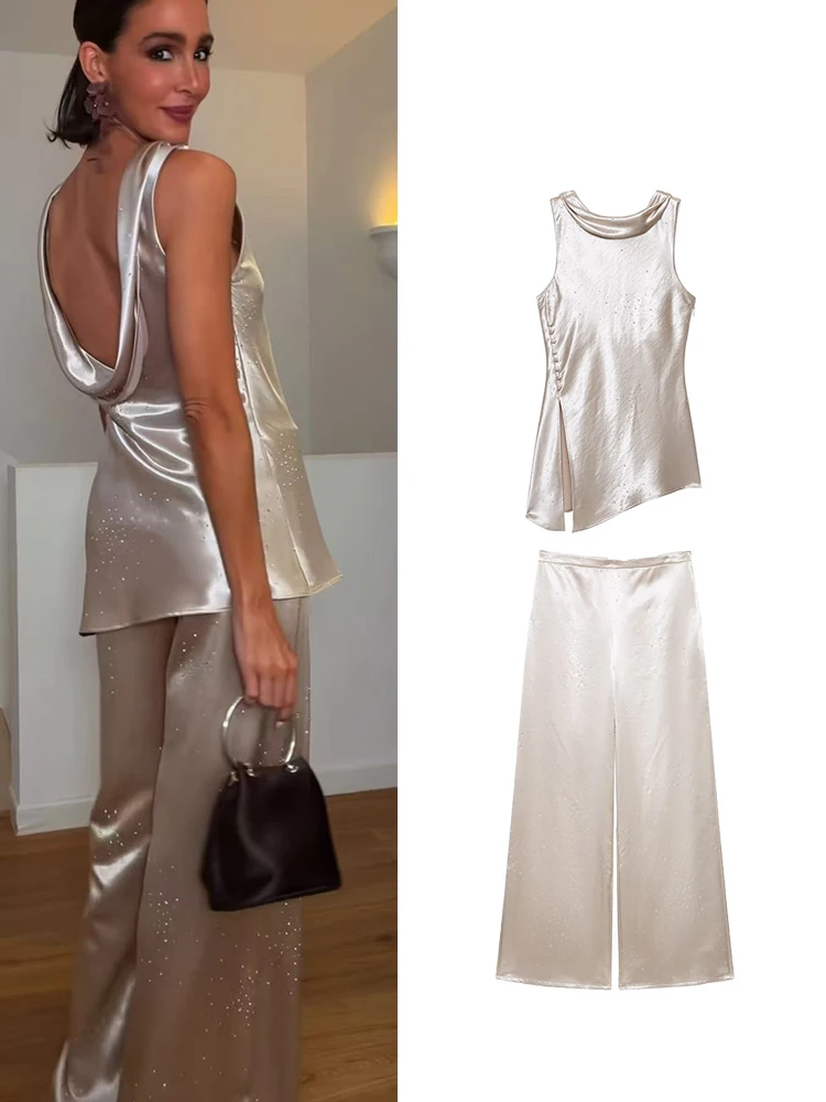 TFMLN Fashion Pant Suit for Women Summer Rhinestone Embellished High-end Sleeveless Top Straight Pants Elegant Shinny 2pcs Set