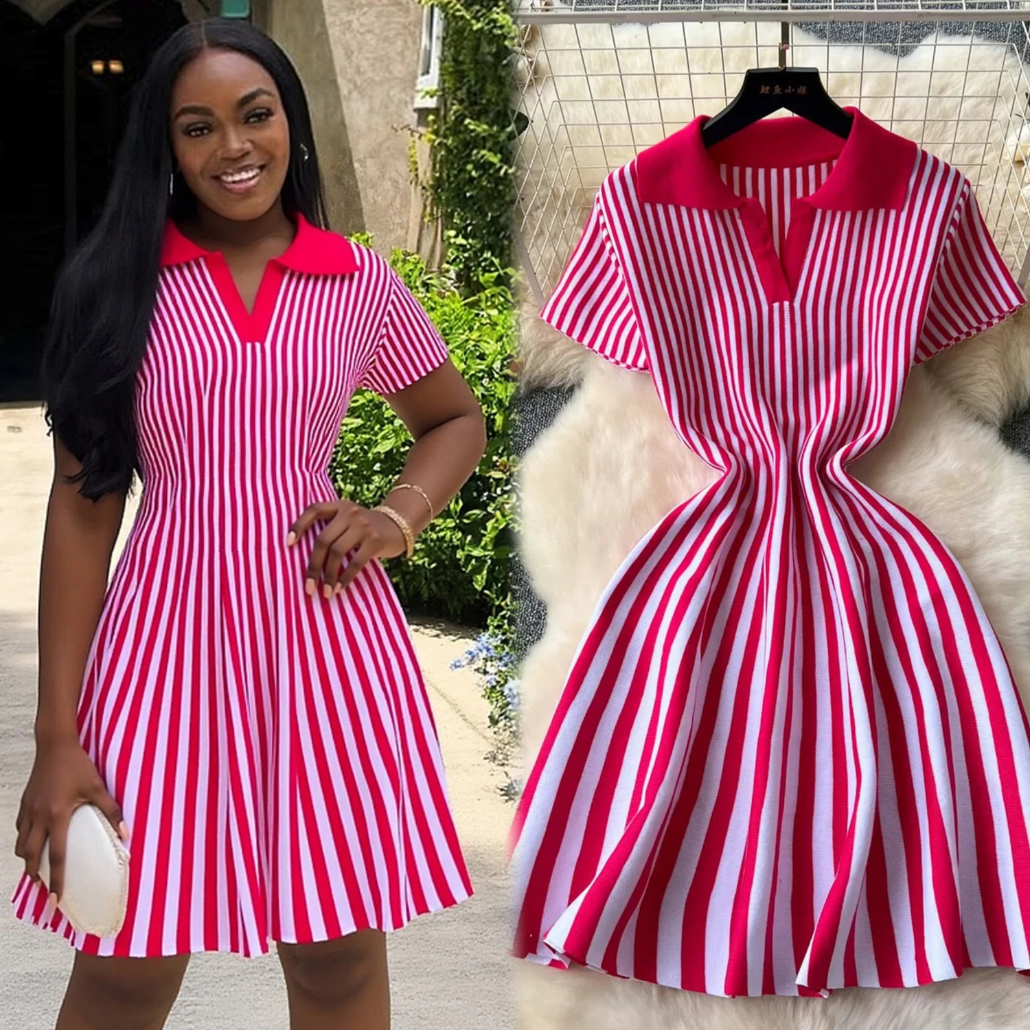 YuooMuoo 2026 Neue Ankunft Frauen A-linie Kurzes Kleid Casual drehen-unten Kragen Vertikale Streifen Gestricktes Hemd Kleid Streetwear y2k