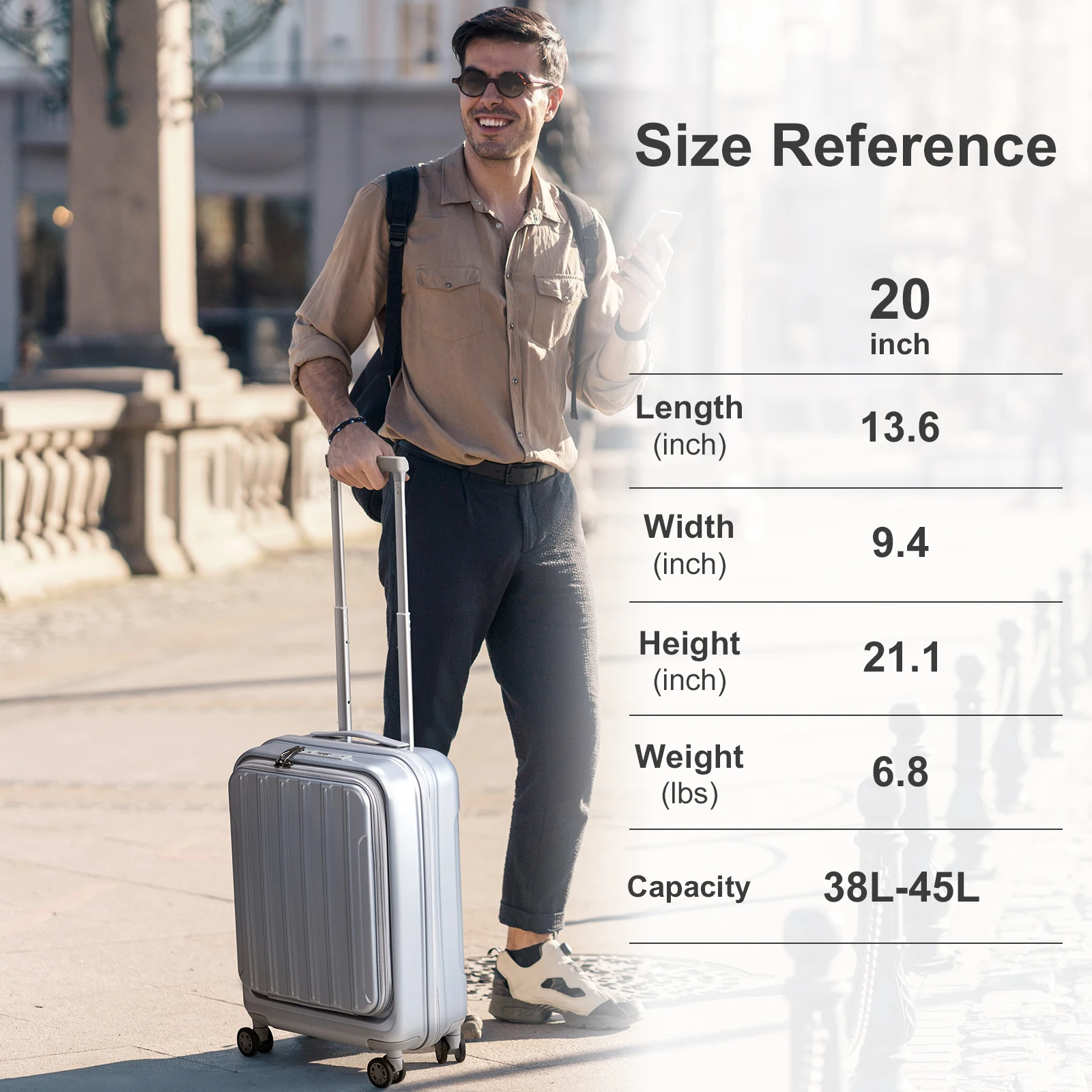 22 × 14 × 9 companhia aérea aprovada com porta USB, ABS + PC bagagem de 20 polegadas com compartimento frontal, rodas giratórias duplas, trava TSA, prata