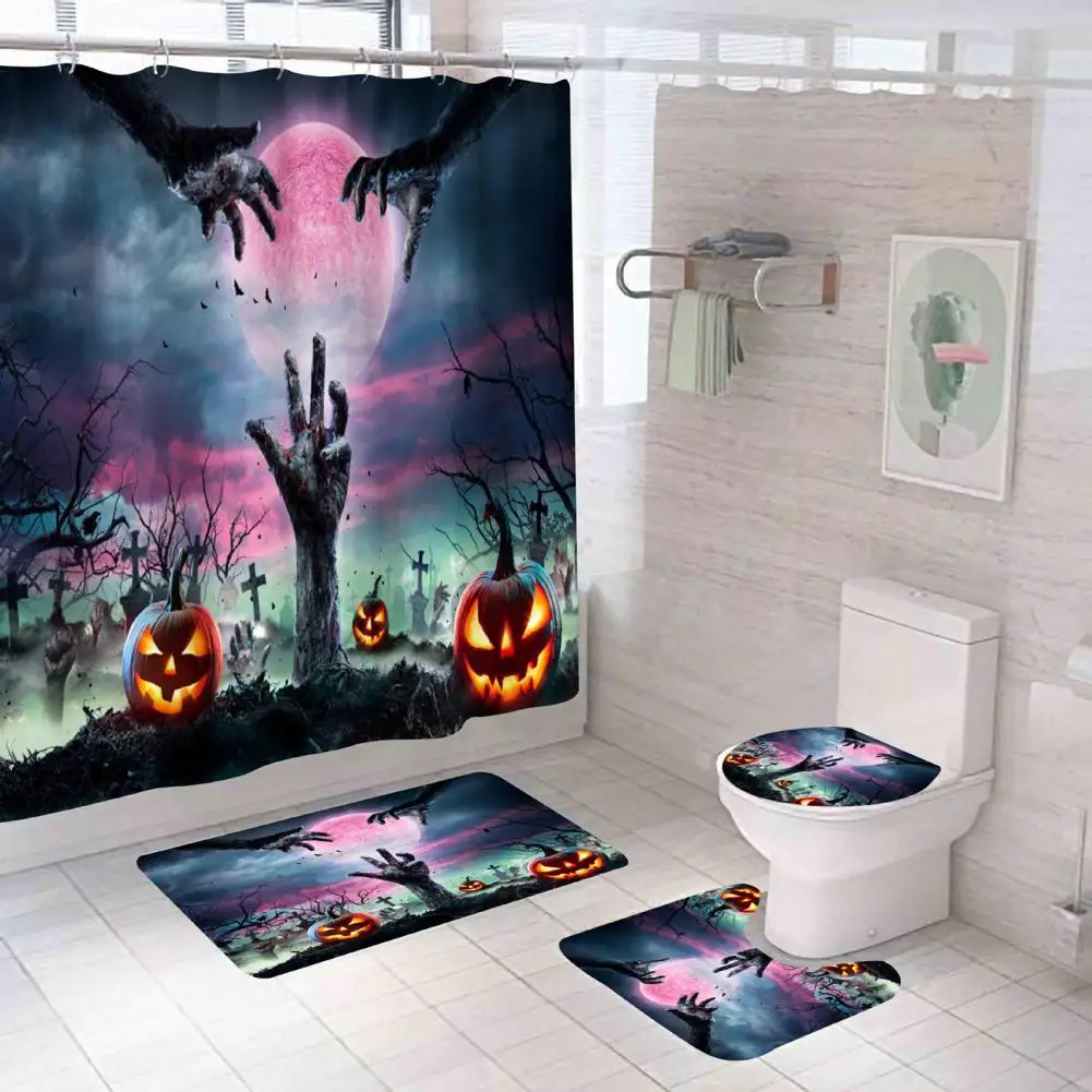 Hotel Bathroom Accessories Shower Curtain Set Spooky Bathroom Decor Set Halloween Castle Pumpkin Shower Curtain with Non-slip