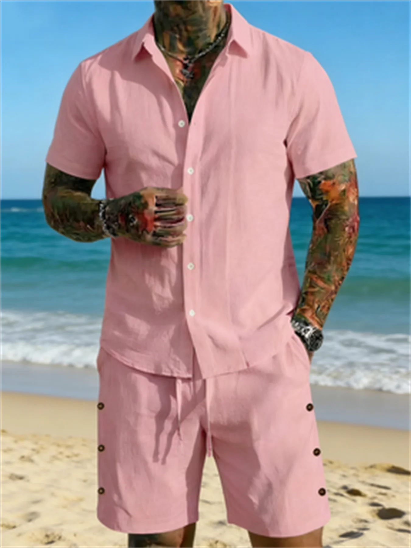

Men's Casual Short Sleeve Shirts Shorts Casual Set Beach Surfing Ultra-thin Ultra Light Suit Summer Cotton Linen Men's Set