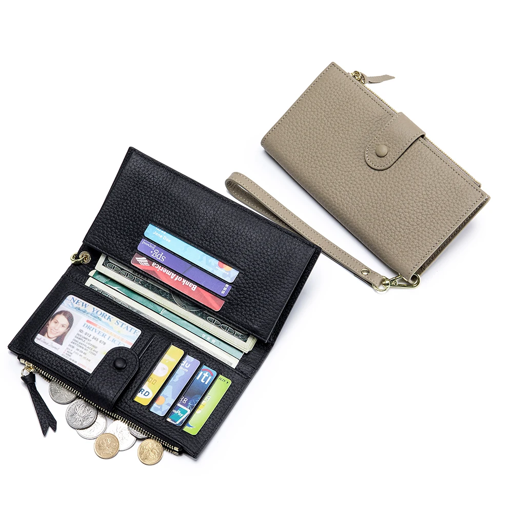 

Genuine Cow Leather Snap Button Long Wallet Fashion Woman Multi-functional Clutch Purse with Phone Pocket ID Card Holders Purses