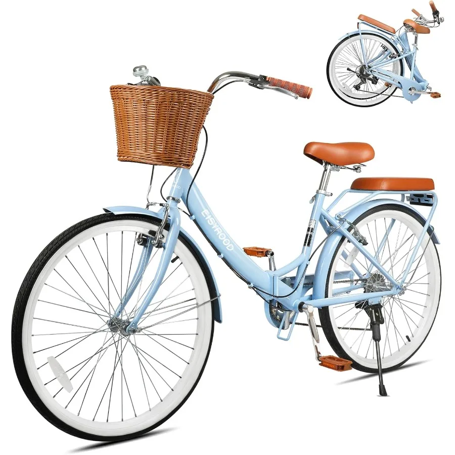 

26 Inch Foldable Women's Bike with Basket for Adults: 7 Speed Beach Cruiser Folding Bike Featuring Cushioned Seat V-Brakes and