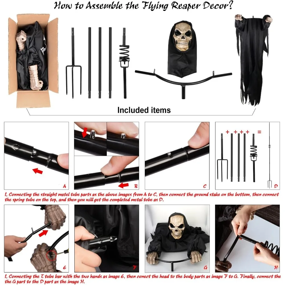 Decorações de esqueleto de Halloween ao ar livre: Reaper de crânio voador de 7,8 pés de altura com fantasma e espantalho para jardim e varanda