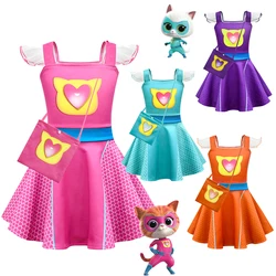 Robe trapèze volante avec sac pour enfants, costume Smile Kitties pour enfants, vêtements de cosplay Super Cat pour filles, cadeaux d'anniversaire de carnaval